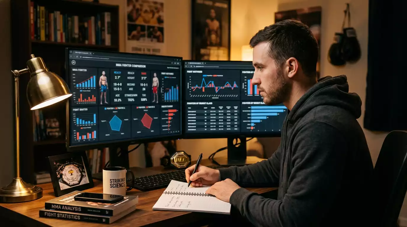 Analyste étudiant les statistiques de combat UFC avant de placer un pari